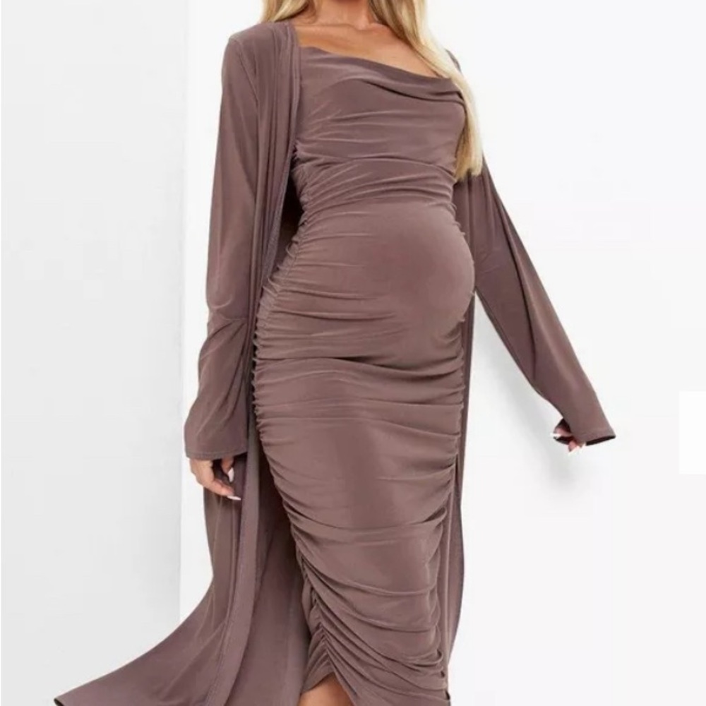 BOOHOO MATERNITY STRAPPY COWL NECK DRESS AND DUSTER COAT - MOCHA
